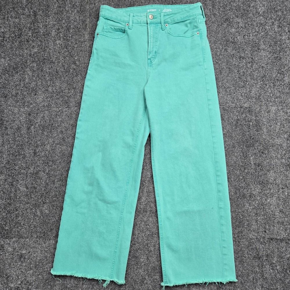 Old Navy Sky-Hi Wide Leg Extra High Rise Jeans Teal Green Raw Hem Womens Size 4